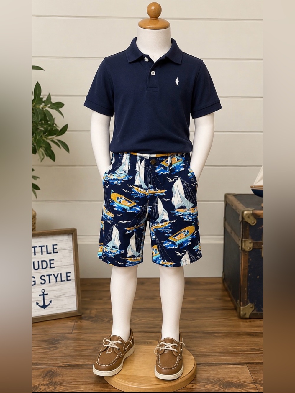 Johnnie-O Boys Nautical Sailboat Shorts | Size 24 Waist | Navy Boat Print | EUC